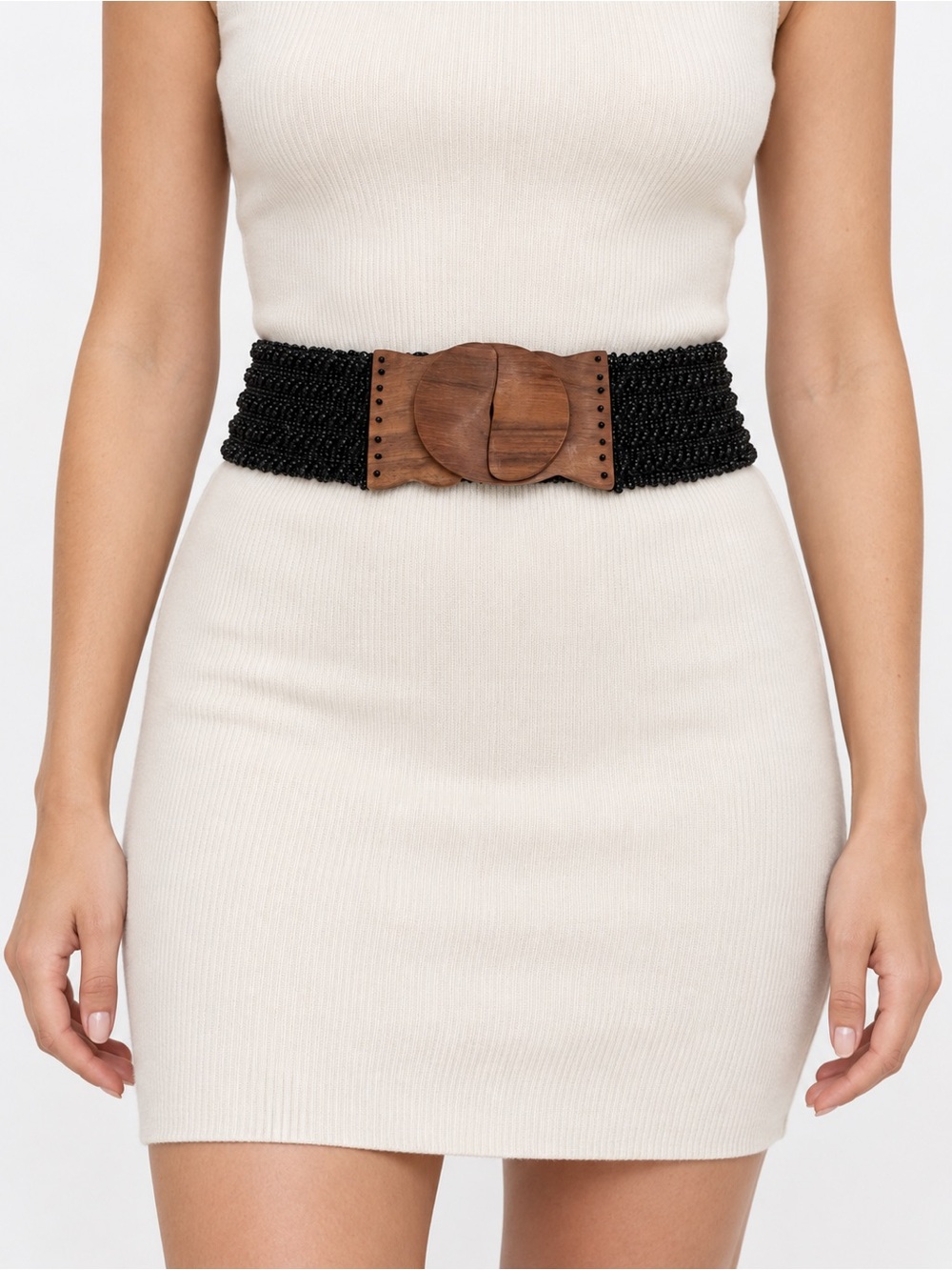Black Beaded Waist Belt with Wooden Buckle